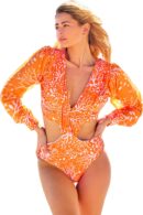 Coral Floral Cut Out Puff Sleeve Monokini