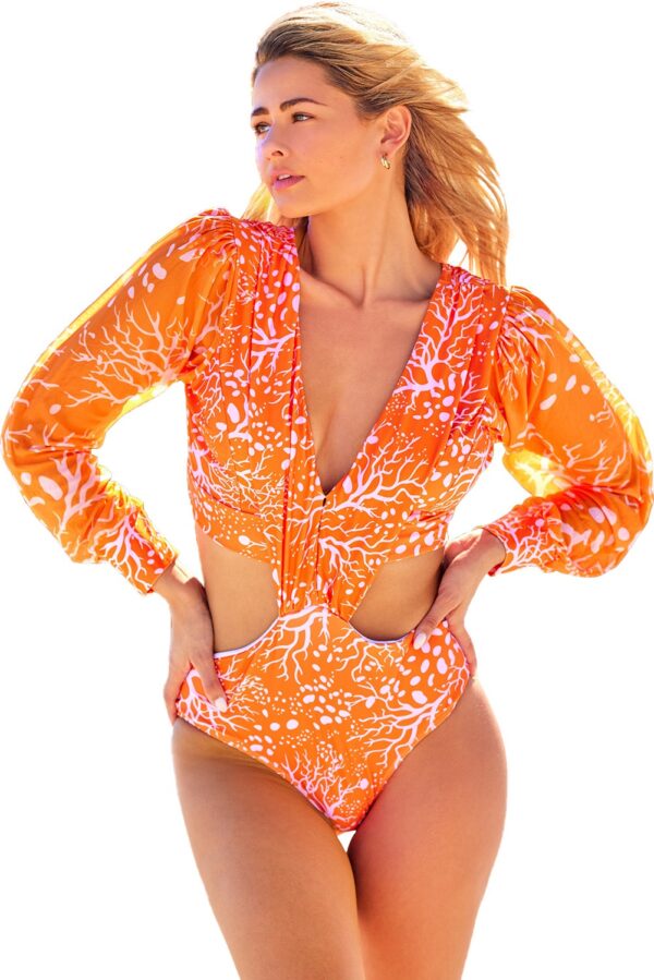 Coral Floral Cut Out Puff Sleeve Monokini - Image 3