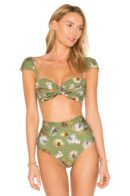 Green Floral Bandeau High Waist Bikini