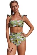 Green Floral Bandeau High Waist Bikini